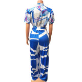 Printed sexy V-neck jumpsuit wide leg pants