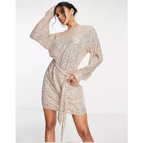 Sequin Round Neck Split Long Sleeve Casual Loose Lace up Beaded Dress