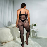 Plus size tight fitting hot pressed diamond fun lingerie with perspective cross over jumpsuit