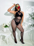 Plus size tight fitting hot pressed diamond fun lingerie with perspective cross over jumpsuit