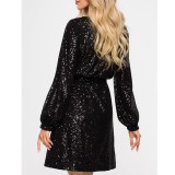 Sequin Round Neck Split Long Sleeve Casual Loose Lace up Beaded Dress