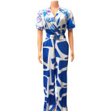Printed sexy V-neck jumpsuit wide leg pants