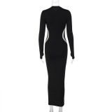 Solid Fit Round Neck Long Sleeve Finger Sleeve Dress