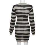 Hollow out knit contrasting color patchwork buttock up dress
