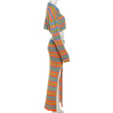 Knitted Stripe Contrast High Waist Slim Fit Split Half Skirt