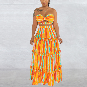 Sleeveless bra stripe printed long skirt two-piece set