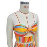 Sleeveless bra stripe printed long skirt two-piece set