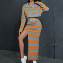 Knitted Stripe Contrast High Waist Slim Fit Split Half Skirt