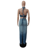 Hanging neck and revealing back Gradient denim skirt set