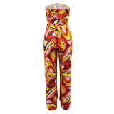 Casual printed open back bra loose fitting high waisted jumpsuit