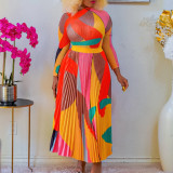 Pleated printed color contrast long sleeved two-piece set