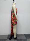 Irregular printed wrap buttocks sloping shoulder shawl dress