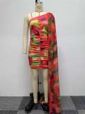 Irregular printed wrap buttocks sloping shoulder shawl dress