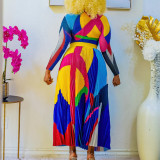 Pleated printed color contrast long sleeved two-piece set