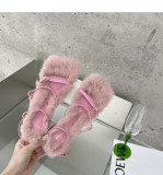 Women's plush shoes, thin heeled sandals, straight thin straps, high heels