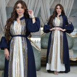 Muslim Beaded Embroidered Two Piece Set Bubble Sleeve Dress