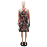 Wide truffle back printed short skirt with drawstring dress