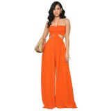 Bra hung neck hollowed out high waisted straight length pants jumpsuit