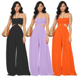 Bra hung neck hollowed out high waisted straight length pants jumpsuit