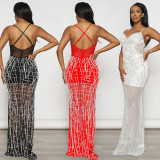 Solid color mesh hot diamond strap long dress