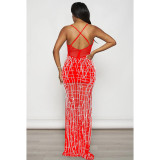 Solid color mesh hot diamond strap long dress