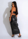 Leather metal buckle tight buttocks skirt set