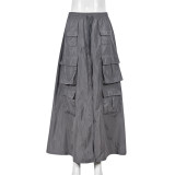 Pocket slit drawstring elastic lotus skirt half length skirt