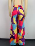 Multi color women's casual pants abstract color matching waistline pants