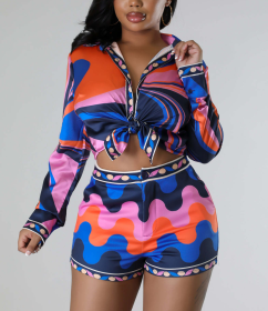 Two piece set of printed long sleeved shirts and shorts