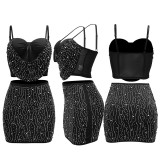 Hanging strap short top with wrap buttocks skirt and hot diamond two-piece set