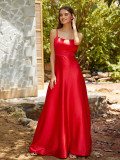 Open back suspender red large swing bridesmaid dress