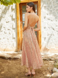 Open Back Pleated Hanging Neck Open Back Dress Sequin Midlength Dress