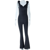 Sleeveless deep U-neck open back buttocks tight micro flared casual jumpsuit