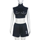 Sleeveless top sexy open navel embroidered letter shorts set