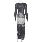 Printed U-neck slim fitting side slit long sleeved dress