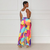Multi color women's casual pants abstract color matching waistline pants
