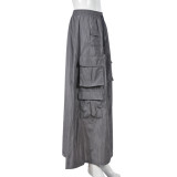 Pocket slit drawstring elastic lotus skirt half length skirt