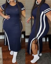 Round neck short sleeved blue and white color matching long skirt