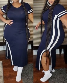Round neck short sleeved blue and white color matching long skirt