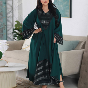 Muslim embroidered sequin robe with sparkling V-neck dress