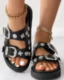 Studded Double Strap Buckled Slippers