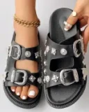 Studded Double Strap Buckled Slippers