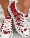 Heart Print Fringe Hem Lace-up Canvas Sneakers