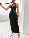 Solid color hollowed out diagonal shoulder wrap waist and buttocks skirt