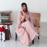 Chiffon long Muslim embroidered pink round neck dress with headscarf