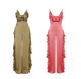 Solid satin jumpsuit with ruffled edges and sleeveless jumpsuit