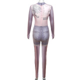 3D Denim Printed High Waist Tight Lift Hip Long Jumpsuit