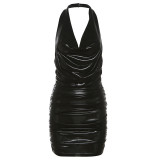 Deep V-Pile Collar Hanging Neck Open Back Pleated Slim Fit Wrapped Hip Dress