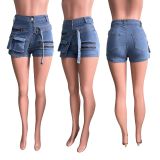 Stretch denim workwear pants with zipper and multiple pockets denim shorts
