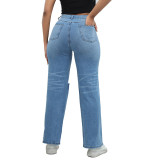 Temperament washed and torn wide leg jeans